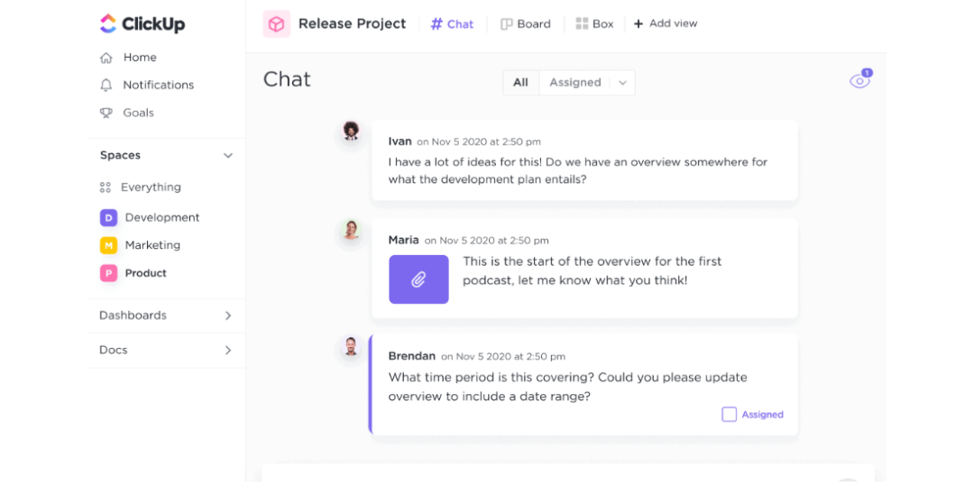 ClickUp Docs lets teams share product ideas, issues, and meeting minutes. Real-time editing, rich formatting, and visual knowledge bases keep everyone informed.