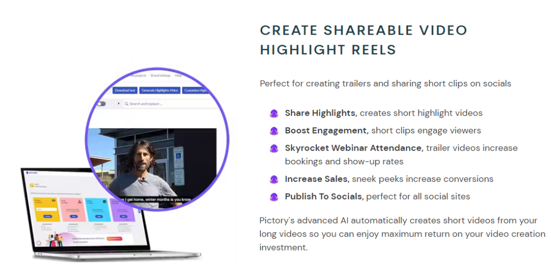 Create Shareable Video Highlight Reels with Pictory's AI to maximize video creation investment.